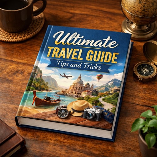A book on a nice table that is titled Ultimate Travel Guide Tips and Tricks