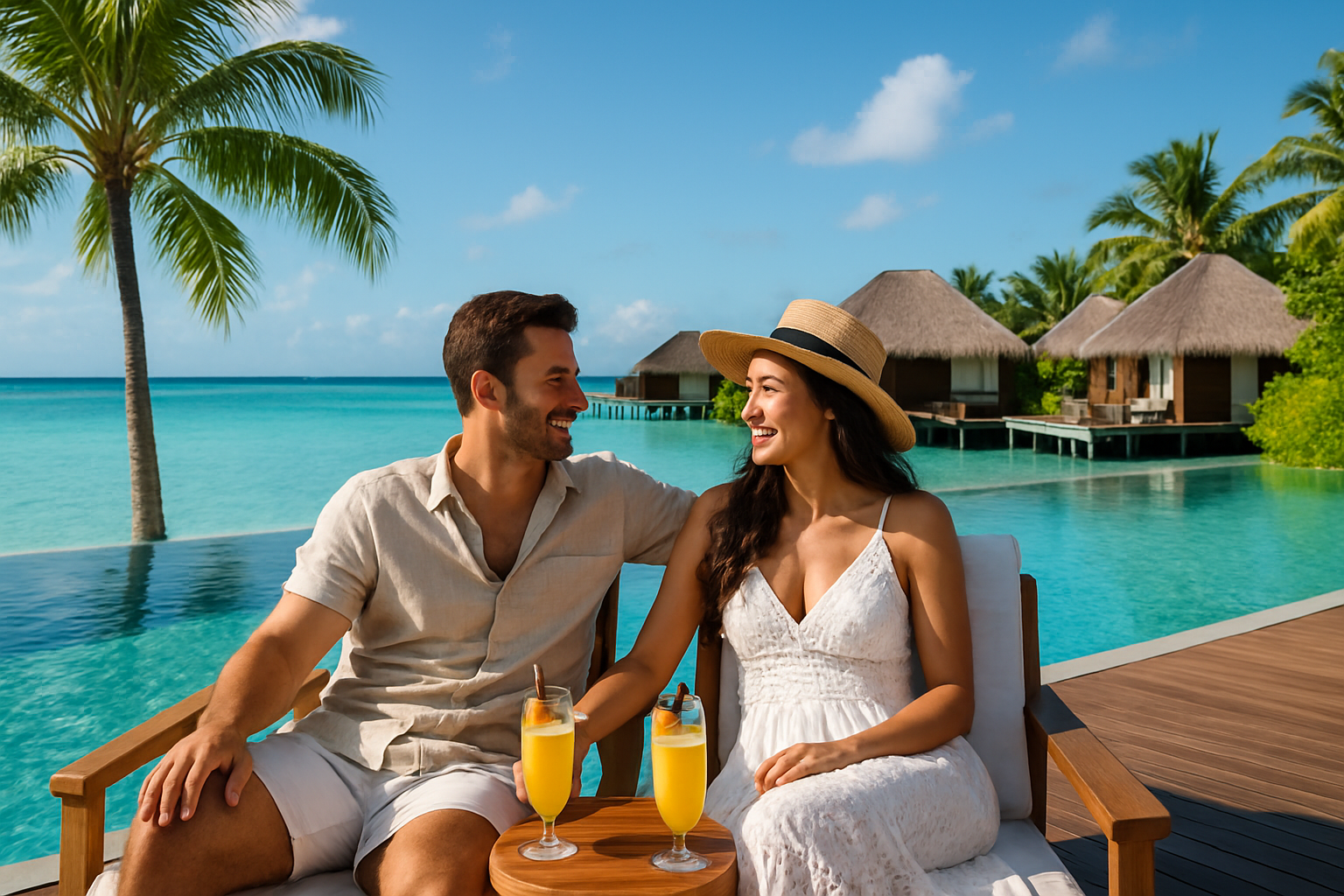 Couple enjoying a tropical honeymoon at a luxury resort